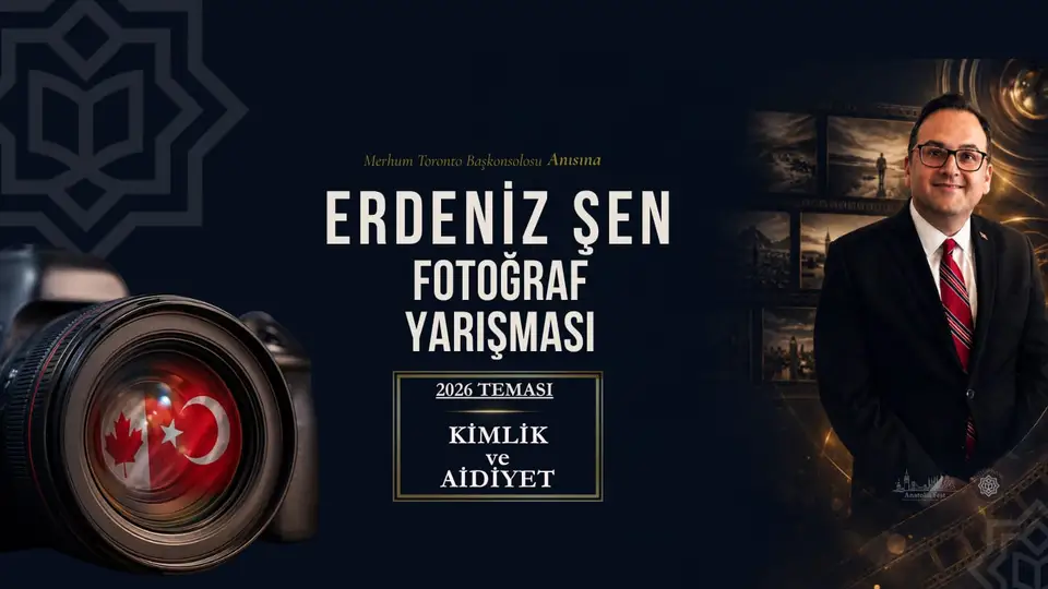 Poster of the Erdeniz Şen Fotoğraf Yarışması (theme for 2026: Kimlik ve Aidiyet), with a camera lens and a portrait of the late Ambassador Erdeniz Şen.