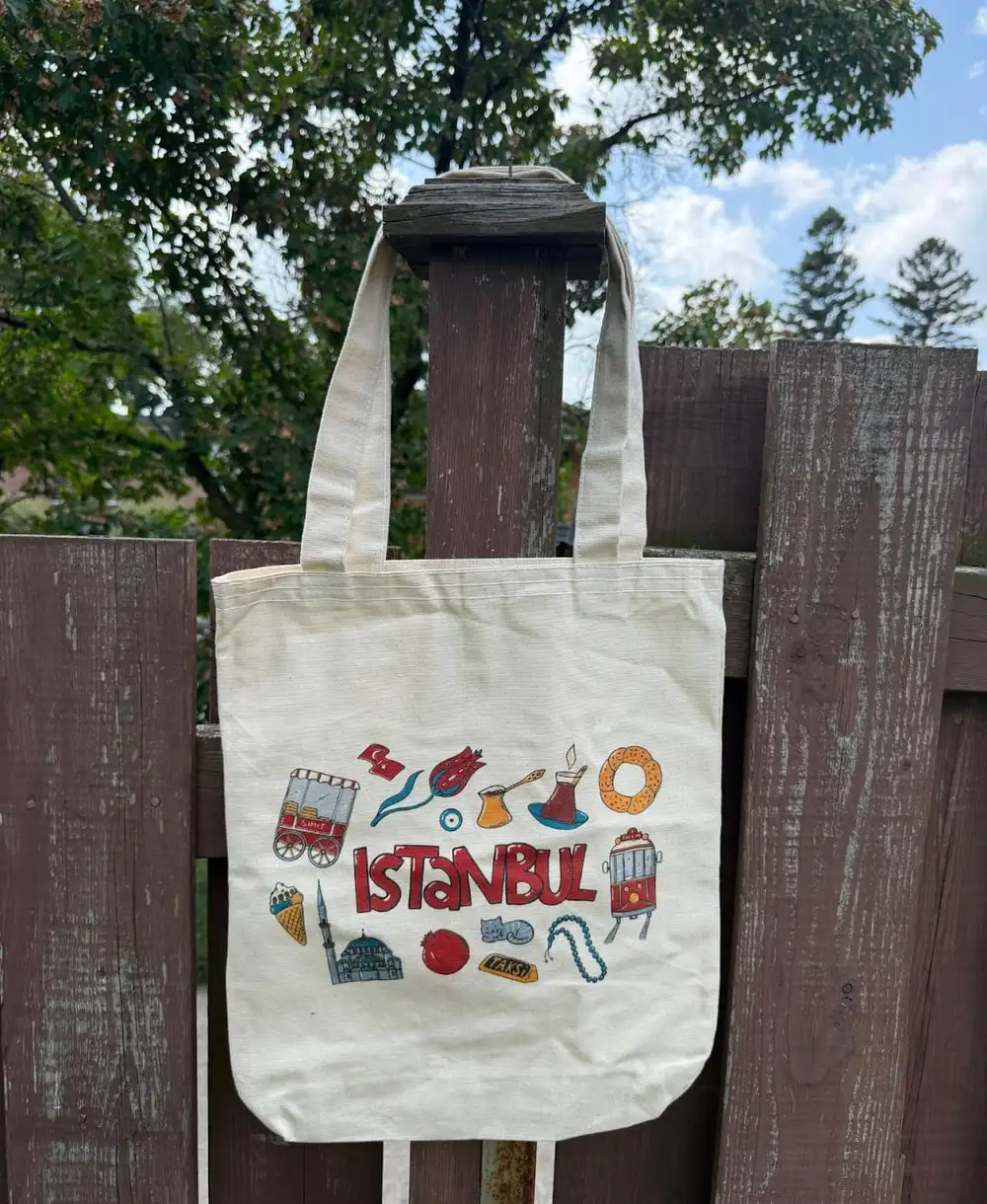 Istanbul Tote Bag: colourful “İstanbul” lettering among tulips, tea and evil eyes.