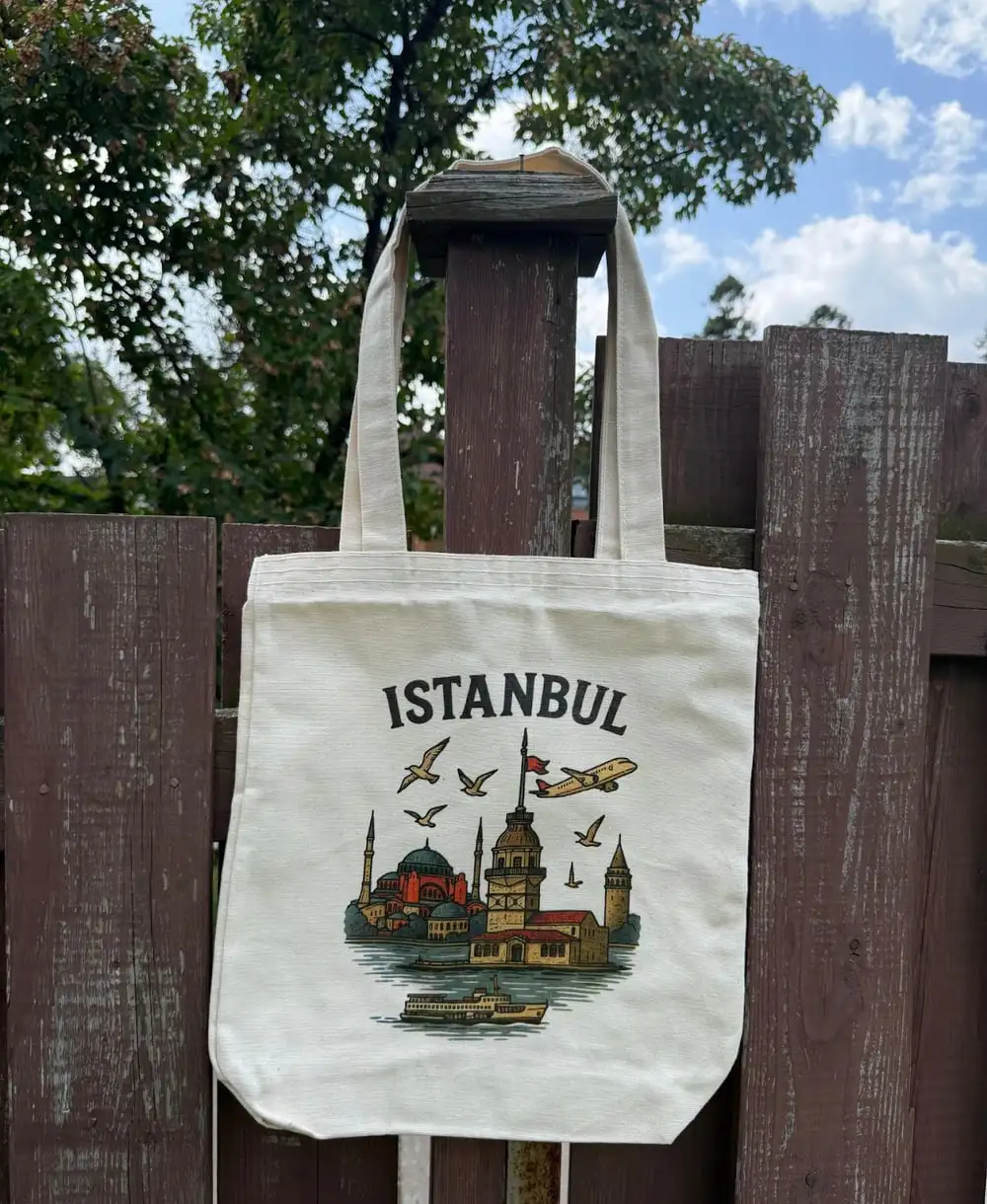 Istanbul Tote Bag: Maiden’s Tower, a mosque and seagulls under “Istanbul”.