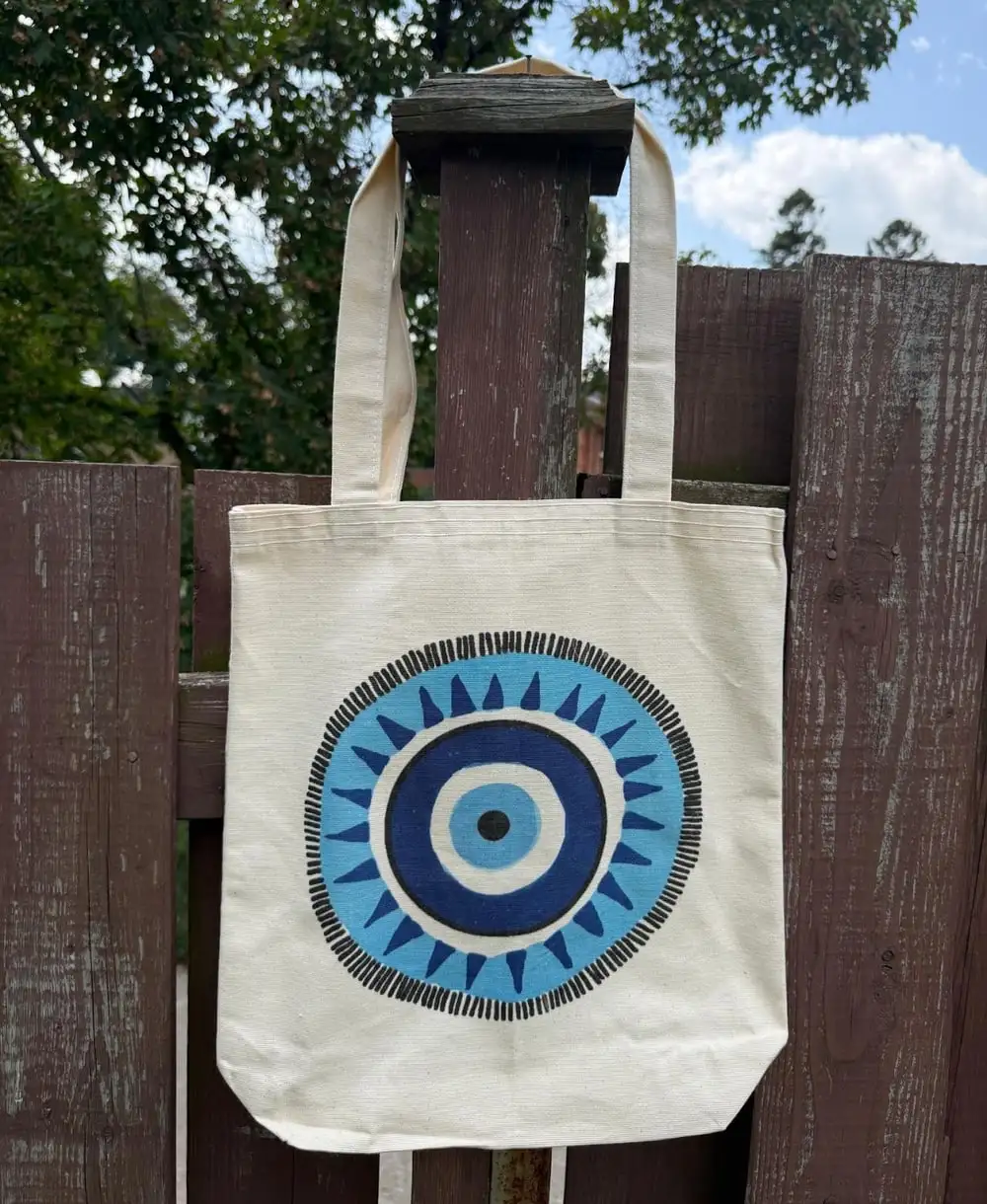 Istanbul Tote Bag: a large blue evil eye (nazar) motif.